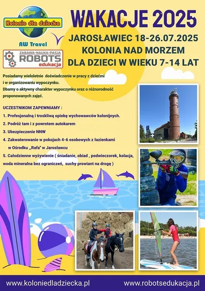 Archiwalny żółty plakat Wakacje 2025 z ofertą wyjazdu nad morze