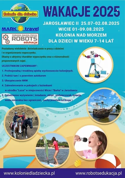 Archiwalna oferta kolonii Wakacje 2025 z ilustracjami atrakcji dla dzieci