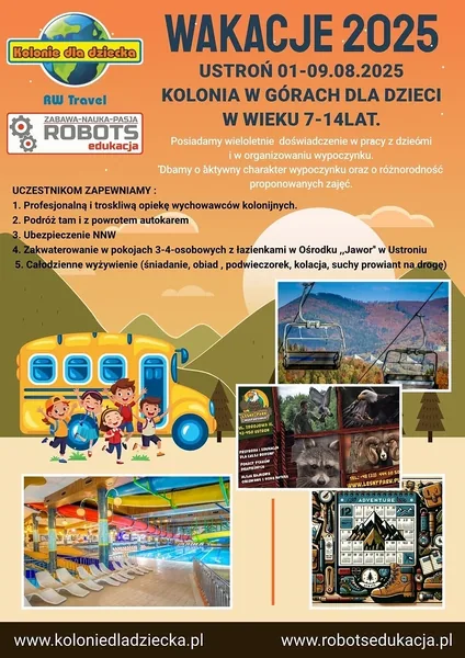 Archiwalny pomarańczowy plakat Wakacje 2025 z ofertą kolonii