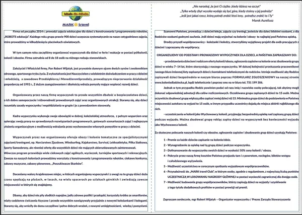 Informacje i zasady organizacyjne MARK travel Club