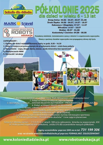 Archiwalny plakat półkolonii 2025 z zajęciami i wycieczkami dla dzieci