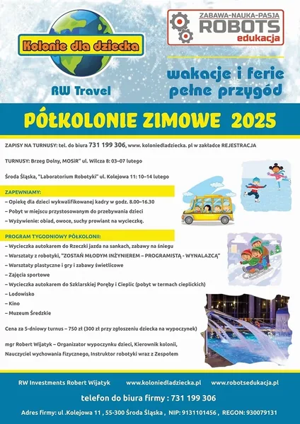 Archiwalny plakat półkolonii zimowych 2025 z programem zajęć