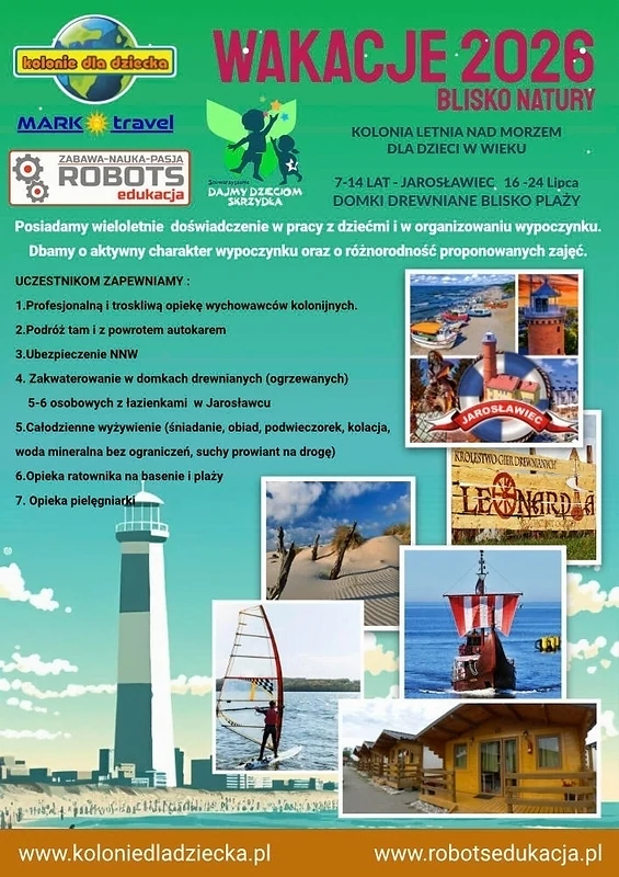 Archiwalny zielony plakat z ofertą kolonii Wakacje 2026