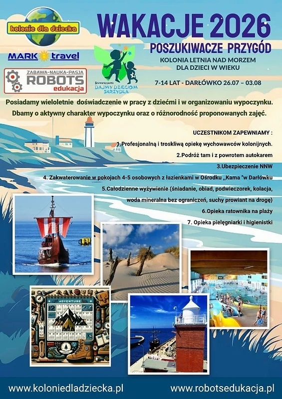 Archiwalny plakat Wakacje 2026 z programem kolonii nad morzem
