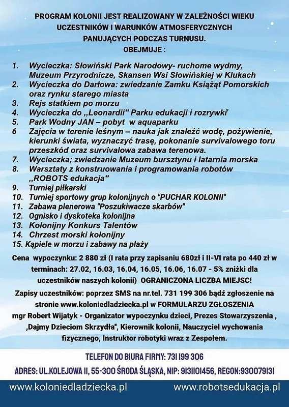 Archiwalny szczegółowy program kolonii Wakacje 2026 na niebieskim tle