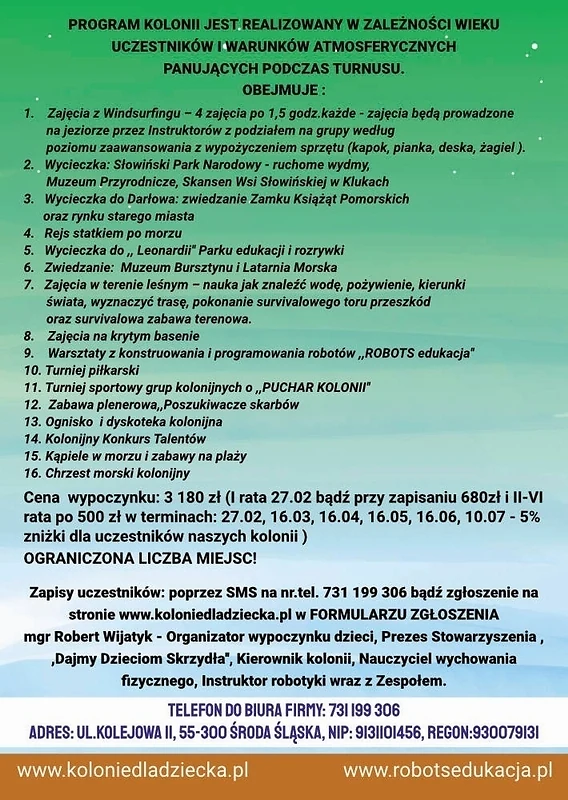 Archiwalny program wyjazdu Wakacje 2026 na zielonym tle