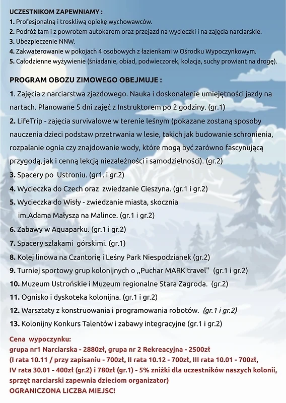 Archiwalny program i informacje organizacyjne obozu Ustroń 2026