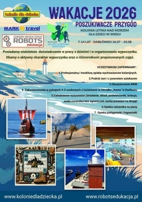 Archiwalny plakat Wakacje 2026 z programem kolonii nad morzem