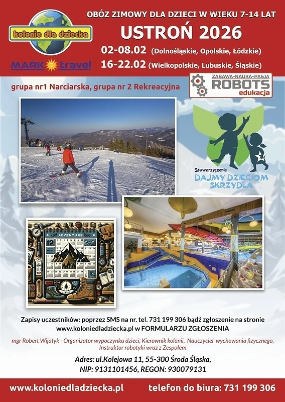 Archiwalny plakat obozu zimowego Ustroń 2026 z zimowymi atrakcjami