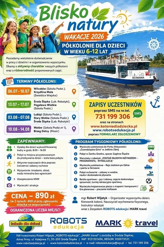Plakat kolonii Blisko natury z programem wypoczynku dla dzieci