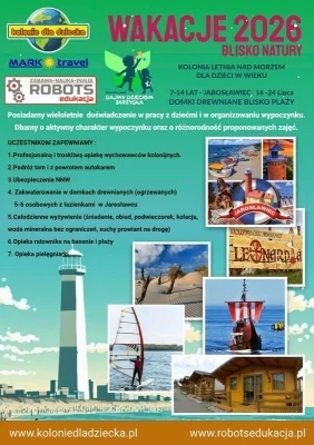 Archiwalny zielony plakat z ofertą kolonii Wakacje 2026
